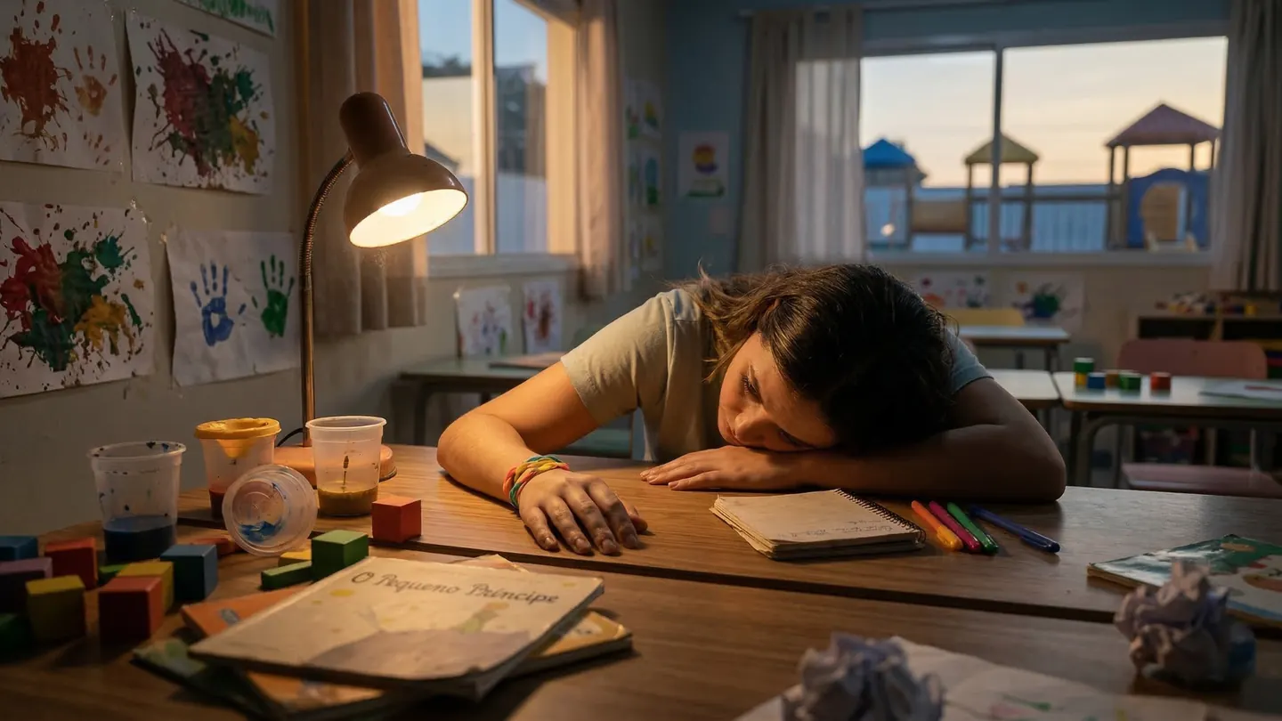 Docente cansada al final del día intentando resolver la actividad del día siguiente